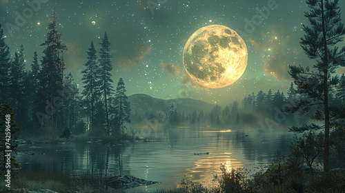 Background with moon over the lake, Generative AI