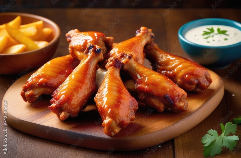 BBQ Chicken Wings With Ranch Sauce,On Plain Background,Baked Chicken Wings Served With Various Sauces BBQ Chicken Wings With Ranch Sauce,On Plain Background,Baked Chicken Wings Served With Various Sauces