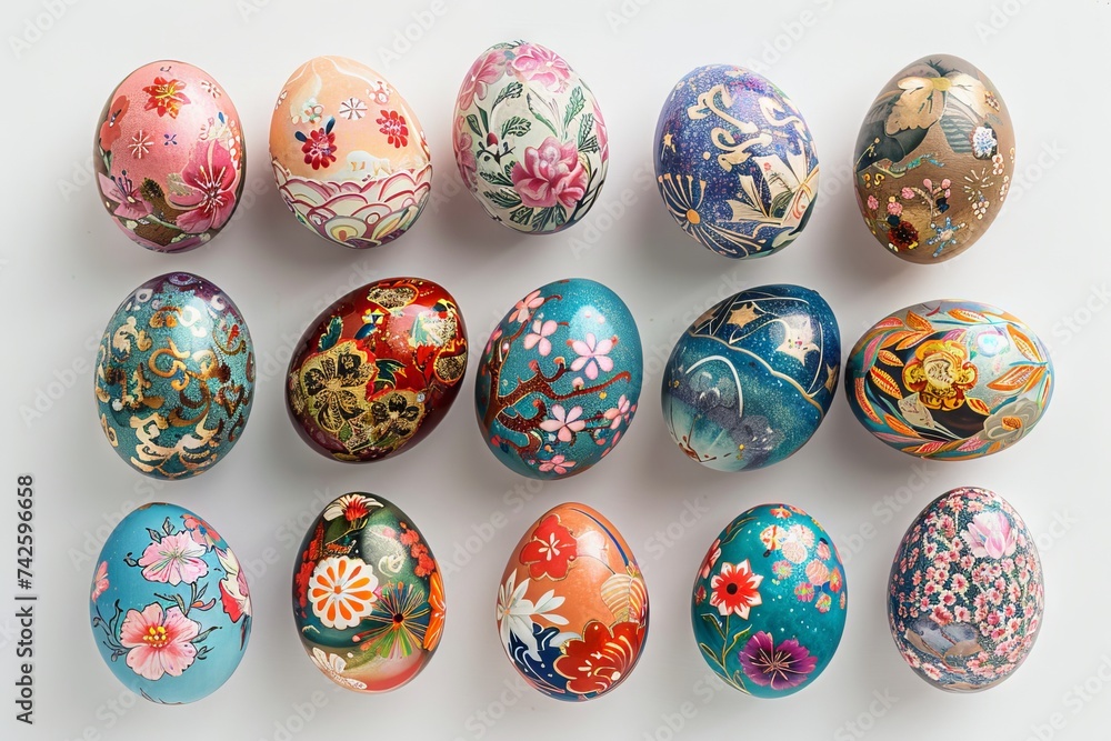 Colorful Easter eggs in a row on a wooden table