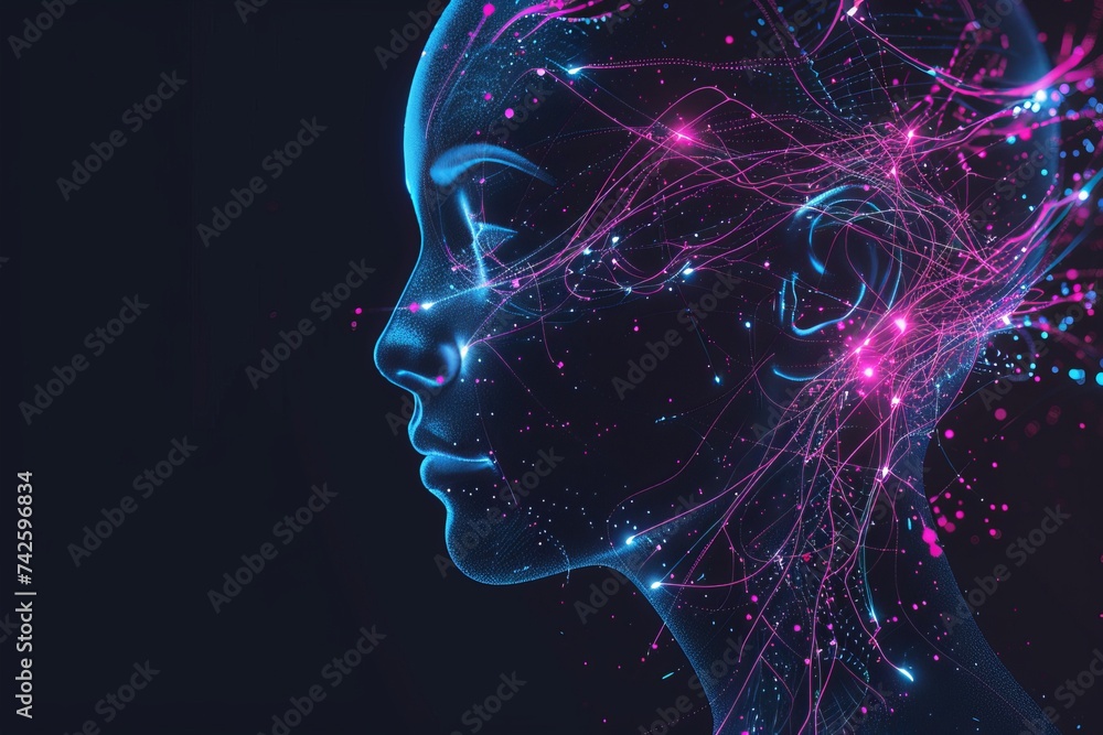 AI Brain Chip side. Artificial Intelligence interpretability human visionary inspiration mind circuit board. Neuronal network brainwave analysis smart computer processor tomorrow solution - obrazy, fototapety, plakaty 