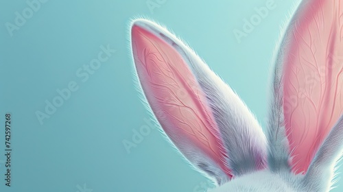 Cute white rabbit ear popping out of a hole on pastel blue background. Easter day concept. 3d rendering.