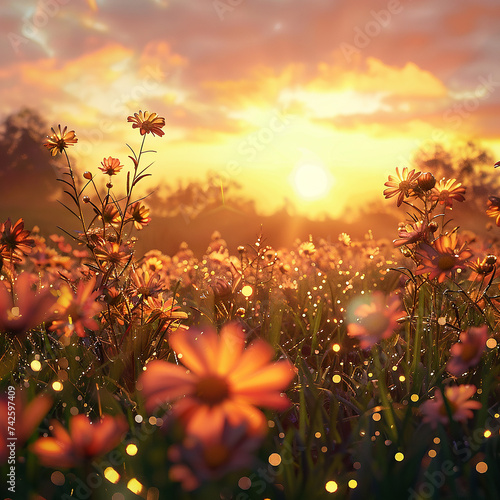 3d rendered photos of sunrise over floral filed, with delicate morning, relaxing scene made with generative AI © Pics Hub