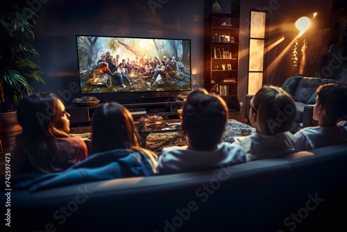 Group of friends watching a football movie on TV set. Back view of young people sitting on sofa and watching TV. Group of 5 friends relaxing on couch at home and enjoying interesting media television photo