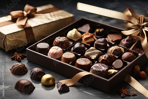Indulge in Luxury: Handmade Chocolates in Elegant Gift Box with Silk Ribbon. Generative AI.