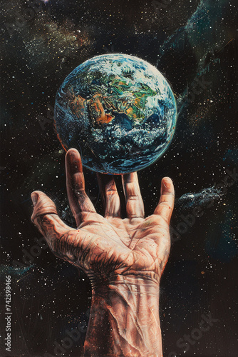 Create a photo realistic image of a female human hand extended upwards, with the palm open as if gently cradling the Earth. The Earth should appear vibrant and realistic