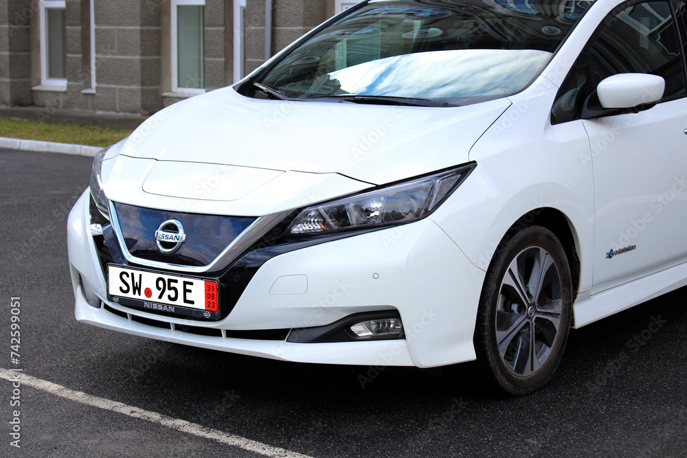 Vinnytsia, Ukraine; February 21, 2024. White Electric Car Nissan Leaf 