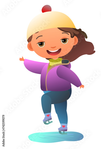 Girl skating on ice. Child in winter clothes. Fun frost. Winter clothes. Object isolated on white background. Cartoon fun style Illustration vector
