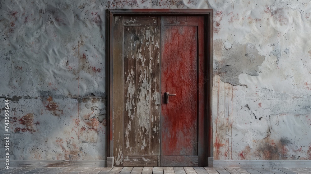 Close up of closed wooden door in the empty room with copy space