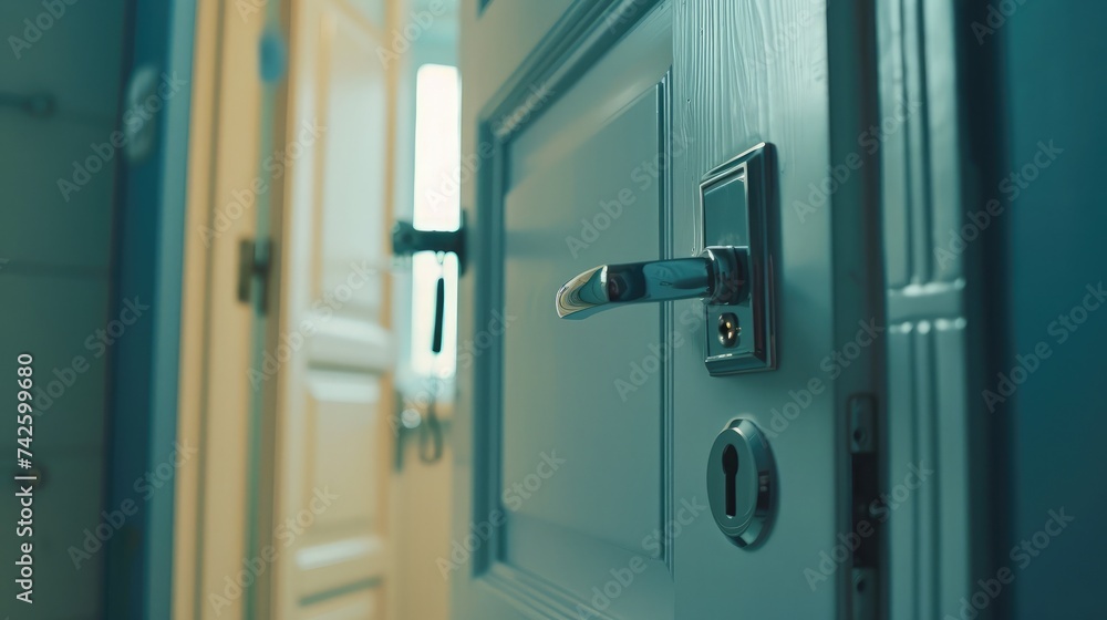 Close-up elements of the interior of the apartment. Ajar white door. Chrome door handle and lock with key. The light switch on the wall Close-up elements of the interior of the apartment. Ajar white door. Chrome door handle and lock with key. The light switch on the wall
