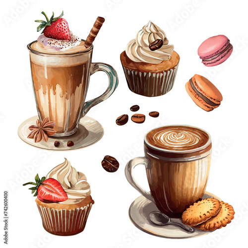 Coffee and cupcake element collection with fruits and sweets