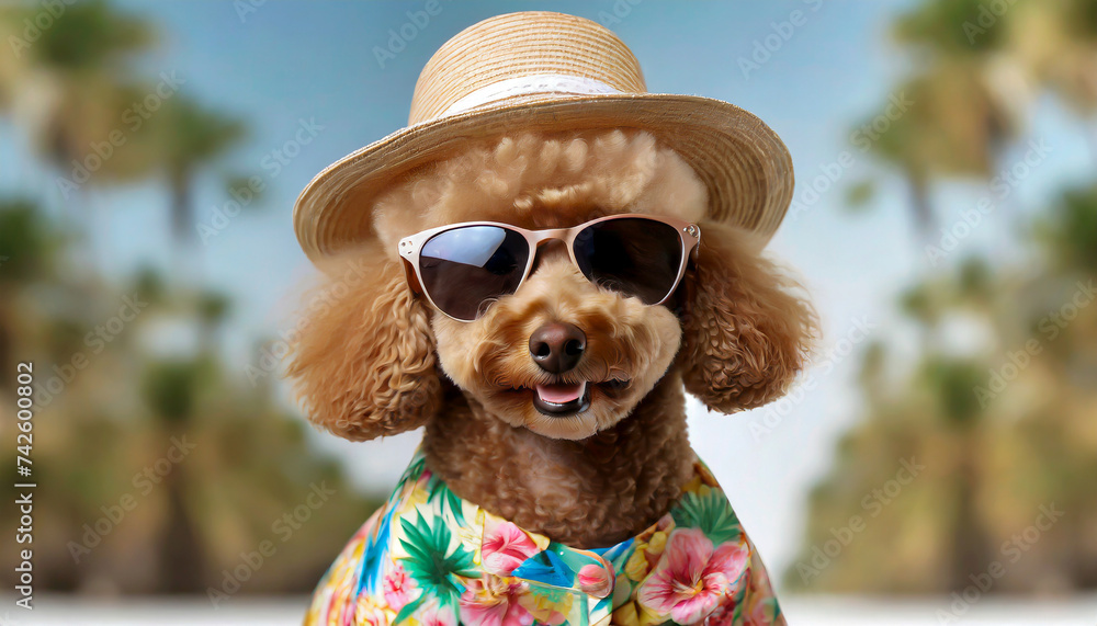 Smiling brown toy Poodle dog wears a hat with sunglasses on top and a Hawaii top for summer season, the concept of travel and holidays