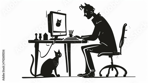 Black and white graphic illustration of a man working at a computer accompanied by a cat, AI generated Image