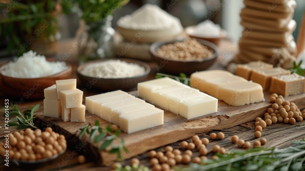 Variety of soy products arranged neatly on a wooden surface