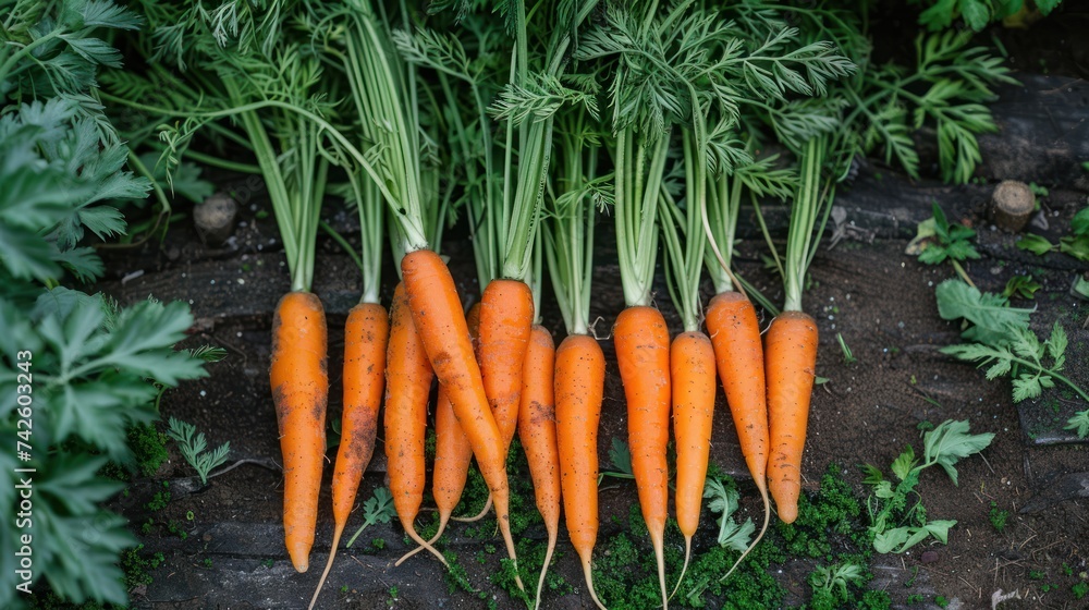 Freshly harvested carrots with green tops Freshly harvested carrots with green tops