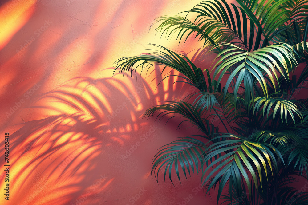 A close-up of a palm tree casting a shadow on a wall, creating a minimal abstract background with green leaves. Ideal as wallpaper with copy space