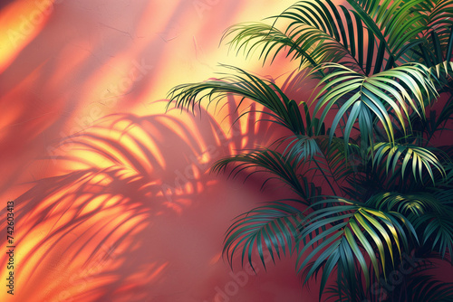 A close-up of a palm tree casting a shadow on a wall, creating a minimal abstract background with green leaves. Ideal as wallpaper with copy space