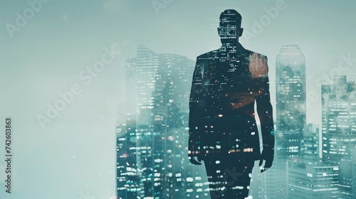 Wallpaper Mural Back view of young businessman walking on abstract city background. Success and development concept. Double exposure Torontodigital.ca