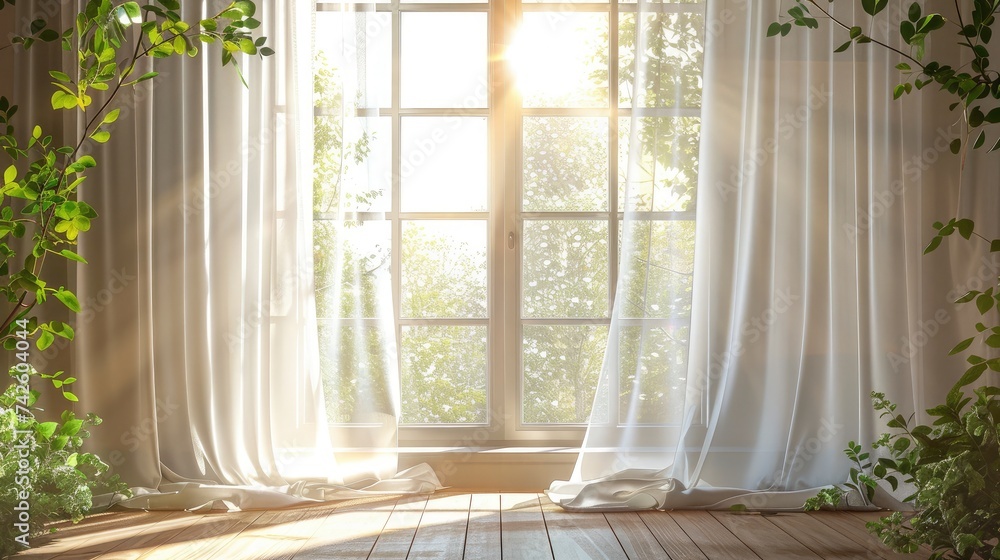 Fototapeta premium Bright morning sun in the open window through the curtains