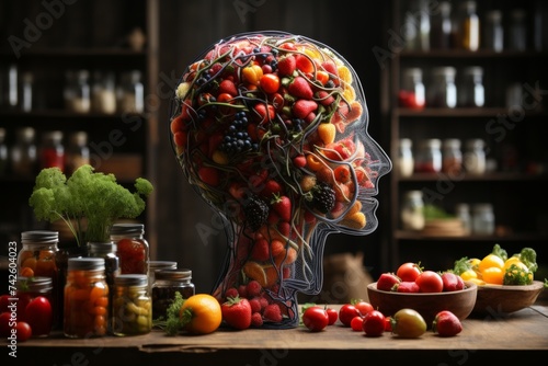 Close-up of a human brain made of fruits and vegetables on a wooden board and a black table