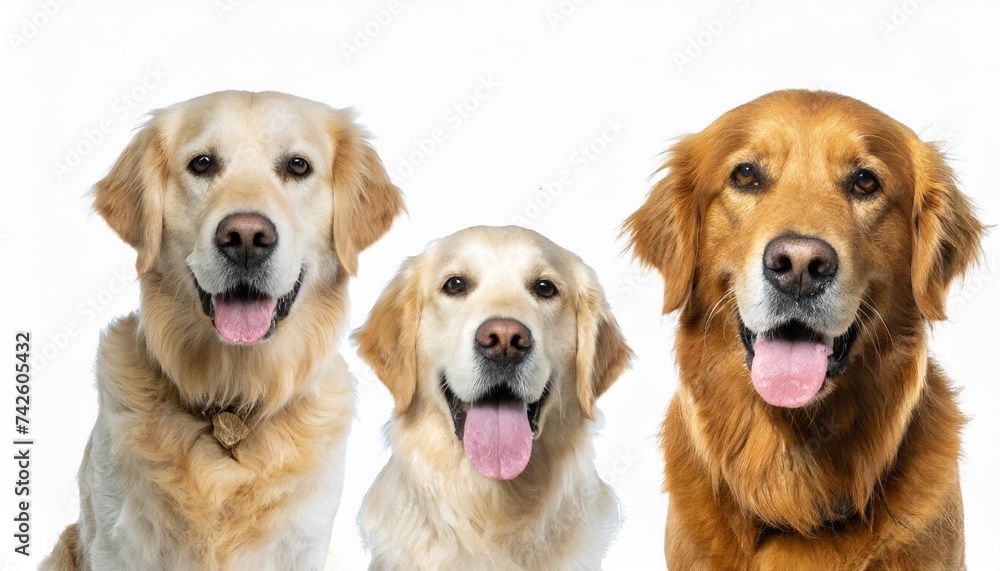 collection of three dogs happy golden retrievers set portrait sitting and standing isolated on white background as transparent png animal bundle