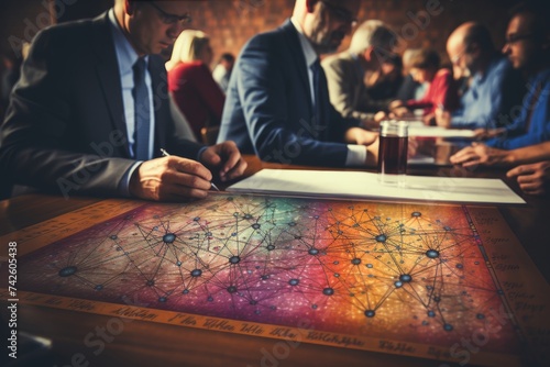 Group of students studying in classroom and science technology concept