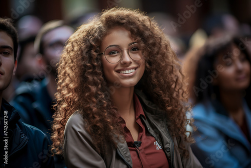 woman with curly hair and glasses smiling at a talk at a university, ai generative