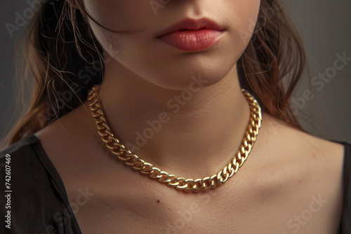 Close-up of a young woman wearing an elegant golden chain necklace on a neutral background