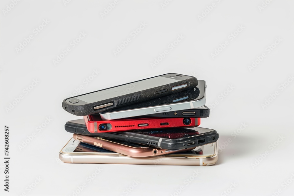 A pile of different smartphones isolated on a white background. A pile of different smartphones isolated on a white background.