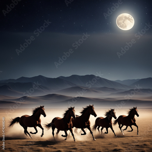 Oil Painting A Herd Of Eight wild Horses Running In The Desert 