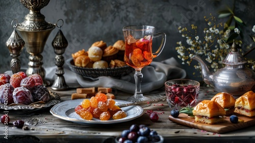 Ramadan kareem Iftar meal with dates, baklava, traditional Arabic sweets, fruit, Arab tea and rose sherbet beverage - Eid Ul Fitr - generative ai