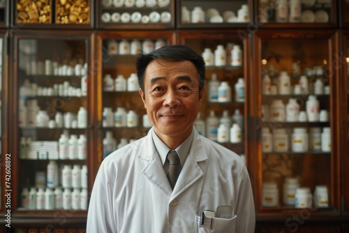 Portrait of doctor in front of traditional chinese medicine cabinet photo