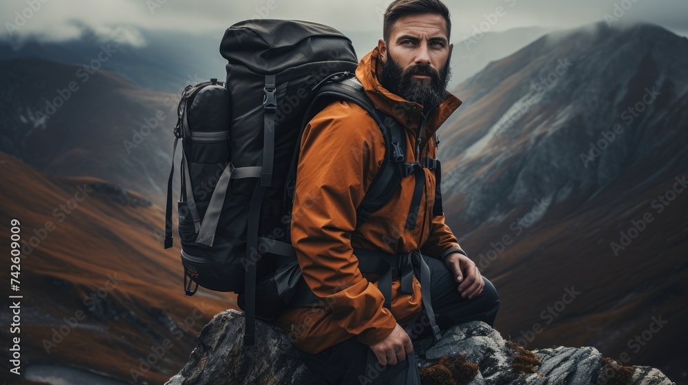Man with a backpack sitting on a rock