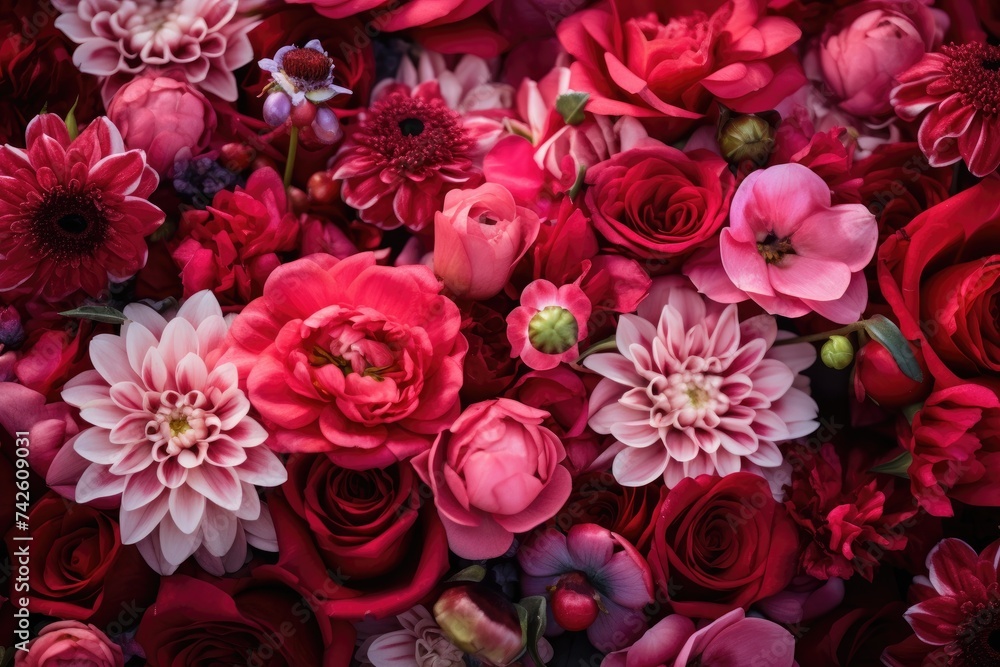 Red and pink cut flowers, floral background Red and pink cut flowers, floral background