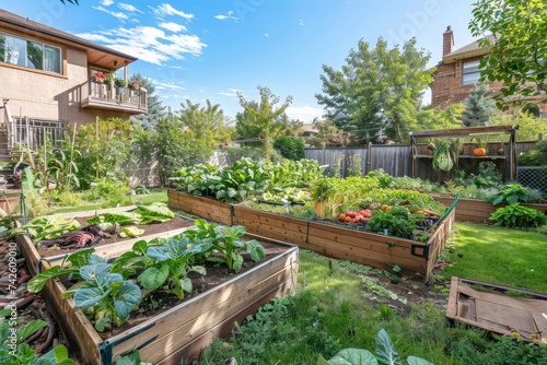 Raised garden beds filled with thriving vegetables in backyard