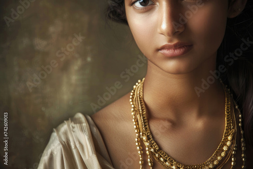A young woman wearing an elegant golden necklace