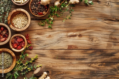 Traditional Chinese herbal medicine selectionon wooden background