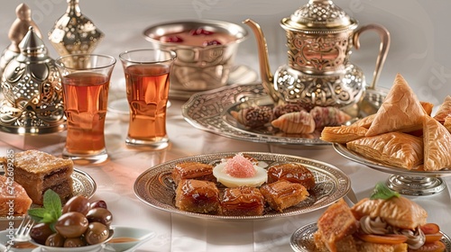 Ramadan kareem Iftar meal with dates, baklava, traditional Arabic sweets, fruit, Arab tea and rose sherbet beverage - Eid Ul Fitr - generative ai
