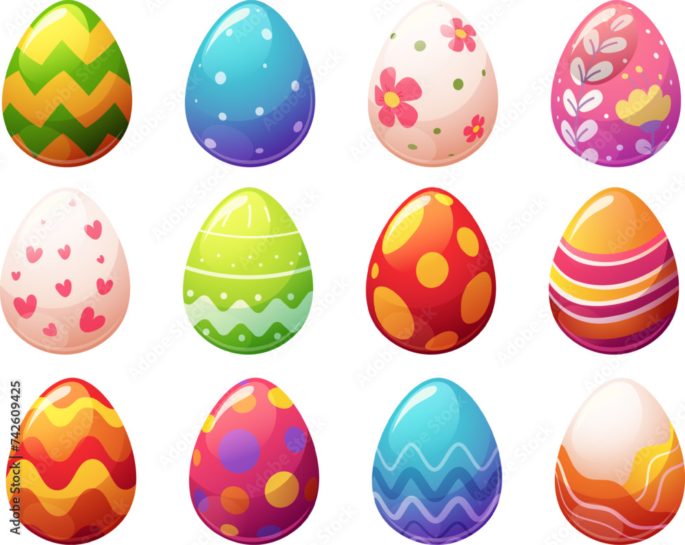 Set of bright Easter eggs with different patterns. Vector illustration in style for holiday