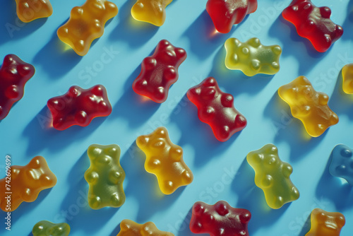 Colorful jelly beans in the shape of teddy bears lying on a blue empty background top view, sweets and jelly beans
 photo