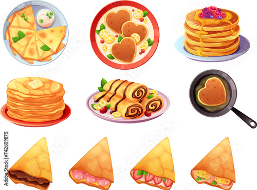 Set of delicious pancakes with various filling, chocolate, berries, syrup, honey, sour cream. Vector illustration of breakfast