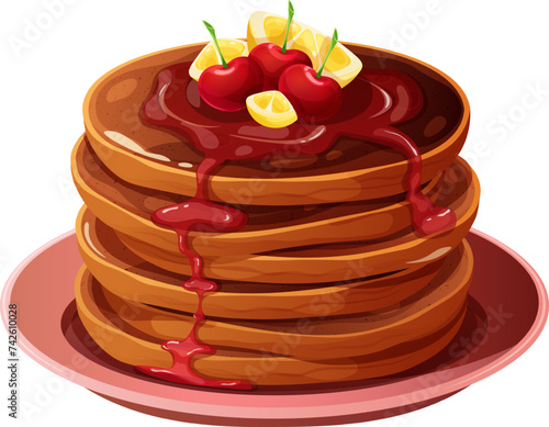 Stack of chocolate pancakes with fruit poured with syrup. Vector illustration for Pancake Day and breakfast