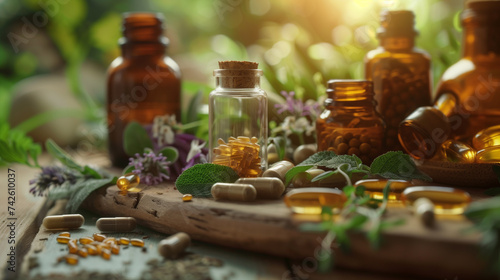 Herbal Supplements and Natural Medicine in Bottles