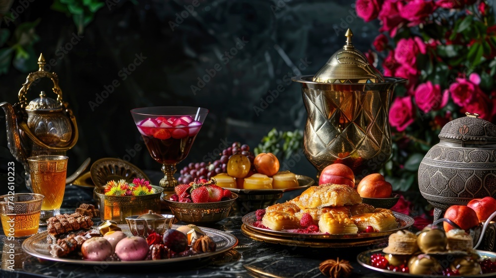 Ramadan kareem Iftar meal with dates, baklava, traditional Arabic sweets, fruit, Arab tea and rose sherbet beverage - Eid Ul Fitr - generative ai