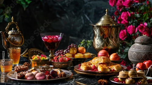 Ramadan kareem Iftar meal with dates  baklava  traditional Arabic sweets  fruit  Arab tea and rose sherbet beverage - Eid Ul Fitr - generative ai