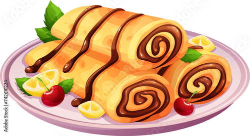 Stack of thin pancakes rolled into tube with chocolate and fruit. Vector illustration for Pancake Day and traditional breakfast