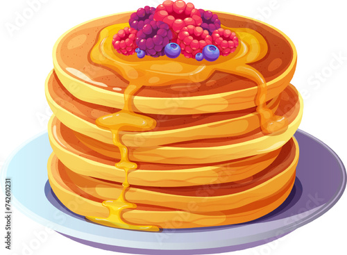 Stack of fluffy pancakes with berries, poured with honey or caramel. Side view. Vector illustration of delicious food