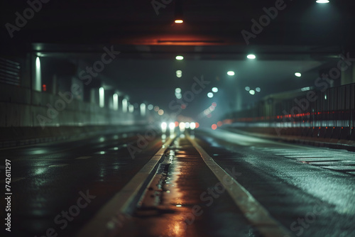 Wet asphalt road or roadway at night with reflections from night lamps 