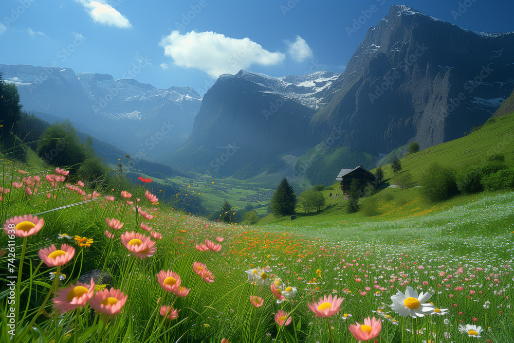Fototapeta premium Colorful flowers bloom in a field against a backdrop of majestic mountains under a clear sky