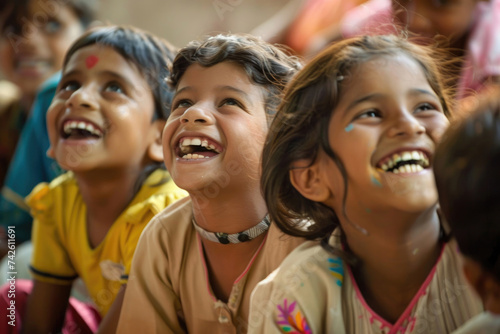 Three children's faces beaming with happiness as they participate in a workshop