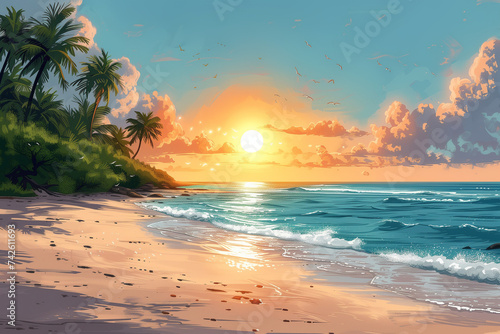 A detailed painting depicting a vibrant sunset over a tropical beach, with colorful skies, palm trees, and waves crashing on the shore